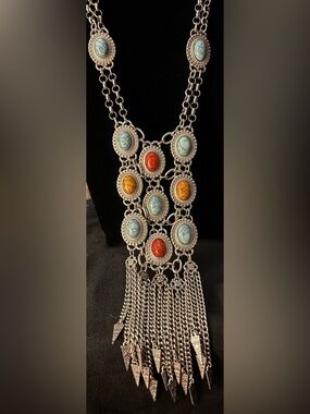 Shyanne Western Statement Necklace - Faux Turquoise & Coral Bib